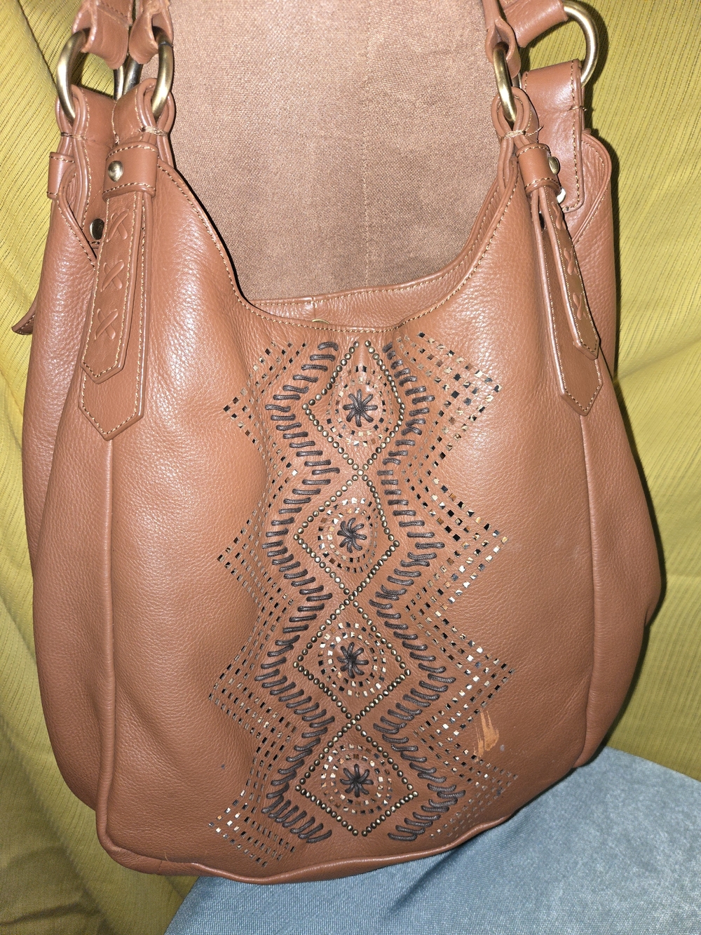 Sharif Brown Leather Shoulder Bag with Studded Embellishment